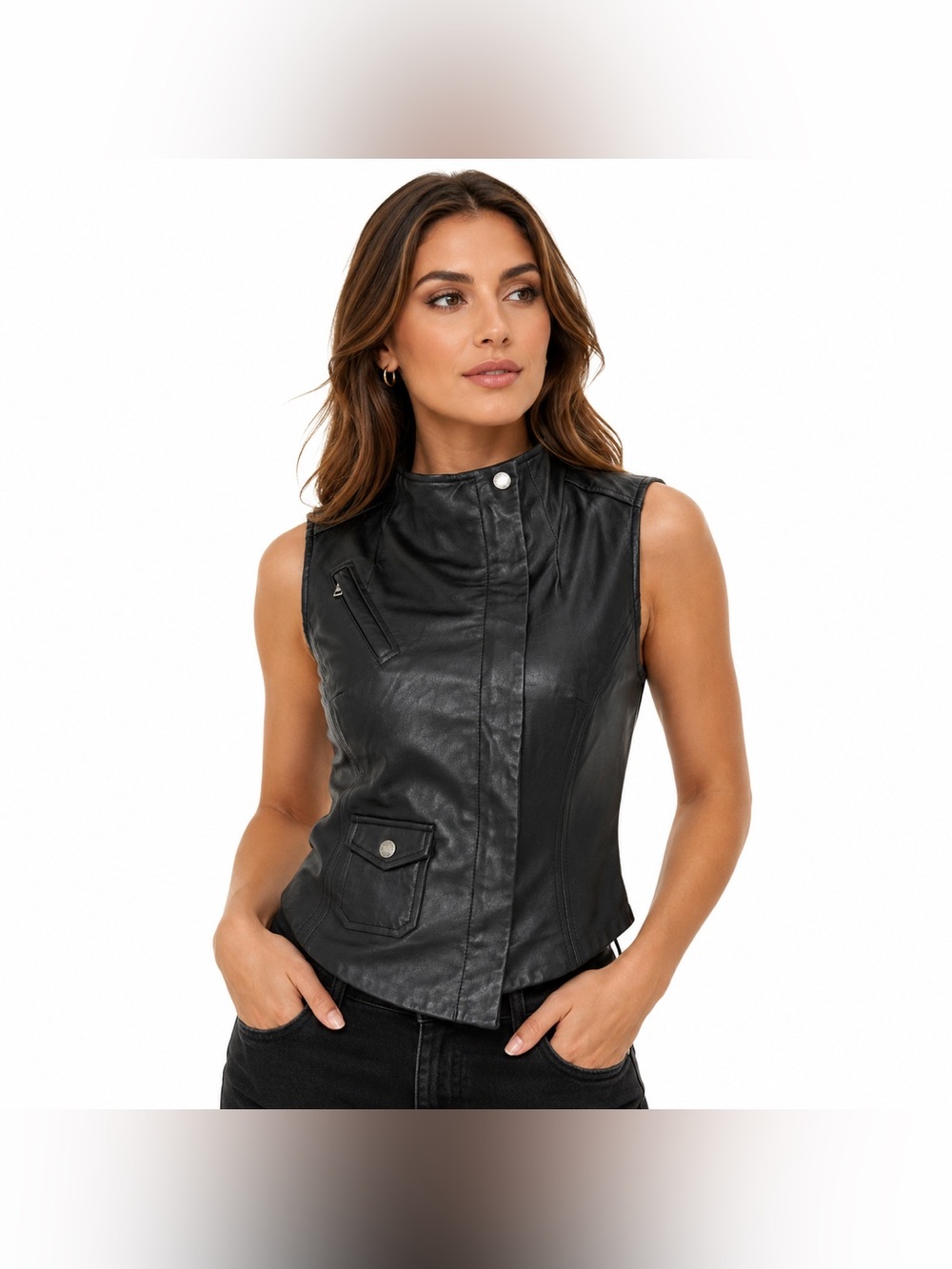 Trina Turk Black Leather Moto Vest Jacket Sleeveless Snap Front Pocket Women’s